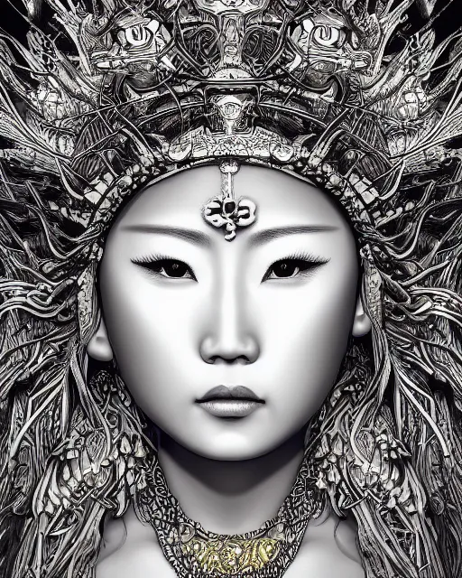 Image similar to hyper realistic portrait photo of ameterasu the sun goddess of japan, portrait shot, intricate detail