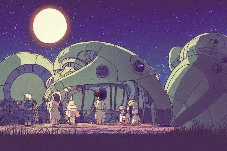 Image similar to a still from a studio ghibli film of an alien mothership from princess mononoke ( 2 0 0 4 ) at night in a suburban backyard. full body, wide shot, very muted colors, post grunge, studio ghibli, laurie greasley, highly detailed, deviantart, art by artgem