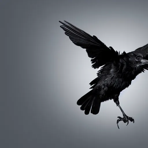 Image similar to a raven made of ink, flying, on a white background