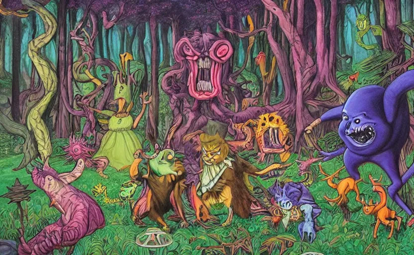 Image similar to a scene of colorful cartoon monsters in the clearing of a dark fantasy forest surrounded by darkness. hyperrealist illustration. muted colors. 1 9 7 0's pulp science fiction and fantasy cartoon for alice in wonderland and wizard of oz. highly detailed and richly colored painting by don ivan punchatz