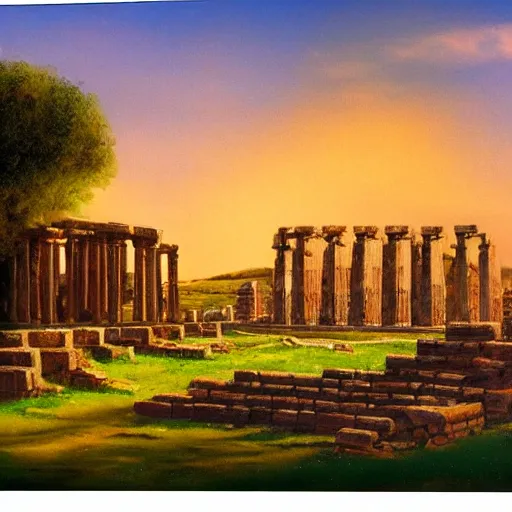 Image similar to glowing Sumerian temple in a Mediterranean landscape, bob Ross, Alan Lee, 8k photo, award winning photo