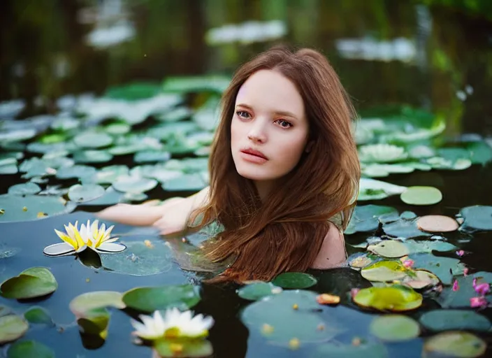 Prompt: face is emerging from the water Kodak Portra 400, 8K, soft light, volumetric lighting, highly detailed, britt marling style 3/4, photo close-up portrait of extreme beautiful girl floating in water surrounded by lily pads, half face in the water, a beautiful lace dress and hair are intricate with highly detailed realistic beautiful flowers , Realistic, Refined, Highly Detailed, natural outdoor soft pastel lighting colors scheme, outdoor fine art photography, Hyper realistic, photo realistic