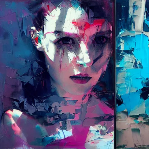 Prompt: portrait of beautiful girl, sensual dancing, ecstatic, techno party, shades of blue, by greg rutkowski, by jeremy mann, by francoise nielly