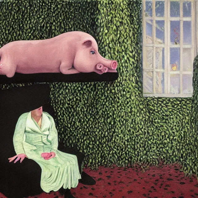 Image similar to a pathology student in her apartment, wrapped in vines, large stones, pig, black walls, black armchair, puddles, moss, acrylic on canvas, surrealist, by magritte and monet