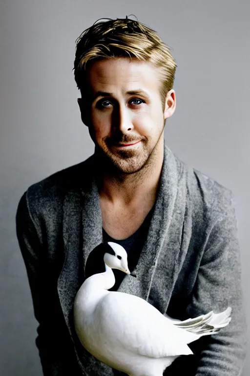 Prompt: ryan gosling fused with a white goose, wings, hands, natural light, bloom, detailed face, magazine, press, photo, steve mccurry, david lazar, canon, nikon, focus