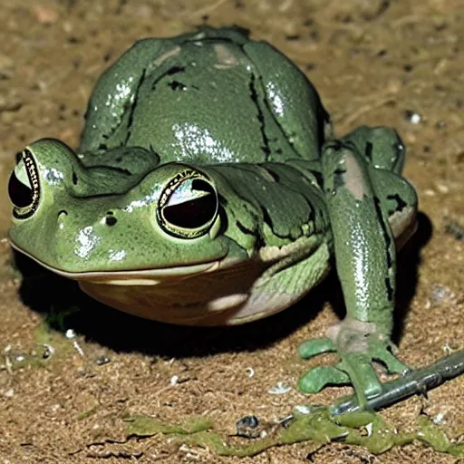 Image similar to a rare military frog equipped with rocket launcher and night vision target acquisition system, photo from