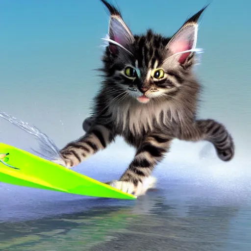 Prompt: Anthromorphic Maine coon kitten is a Water skiing champion, action shot. At south beach FL. 3D render