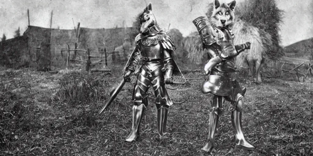 Image similar to anthropomorphic furry wolf in armor standing in front of a farm, 1900s picture