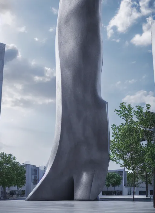 Image similar to highly detailed realistic architecture 3 d render of a huge high futuristic stele sculpture made of concrete in zaha hadid style standing in city park, archdaily, made in unreal engine 4 octane render