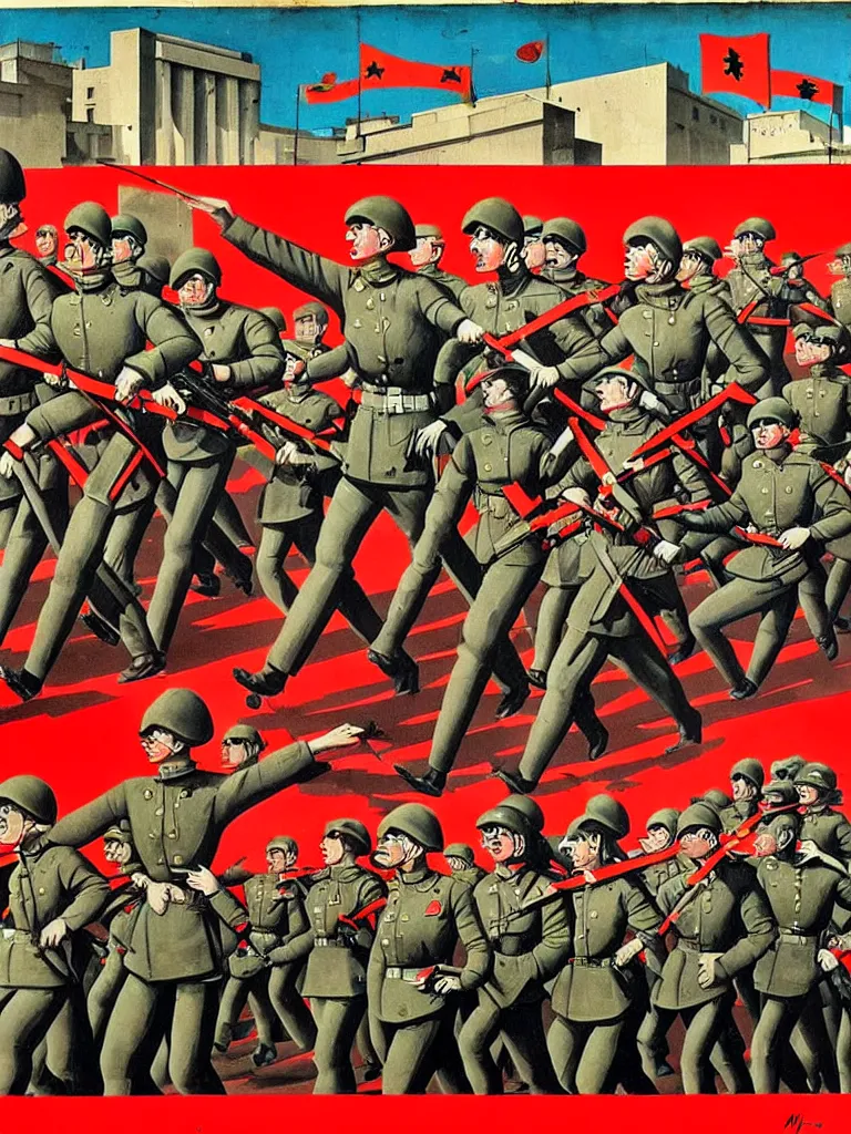 Image similar to army parade glorious march, futuristic alternate timeline, anarcho - communist hordes, red and black flags, modernist factories in background, art by max ernst, cnt spanish civil war era propaganda