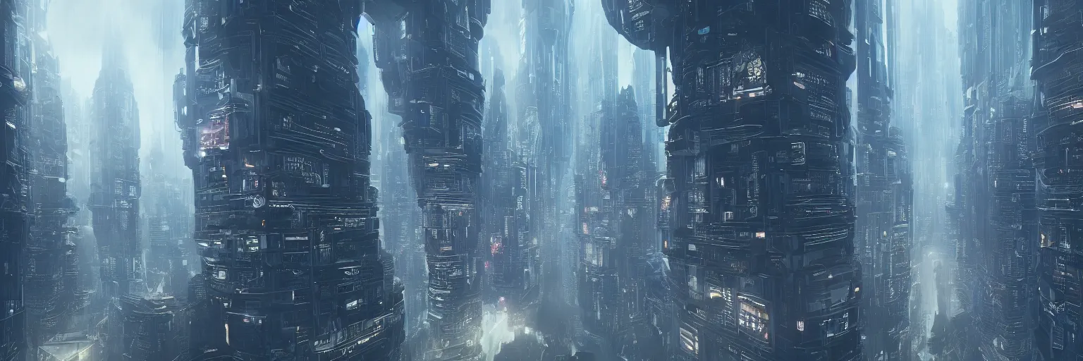 Prompt: interior of a vast alien city, futuristic, sinister, skyscrapers, smog, lightening, cyberpunk, hyper detailed, ultra realistic, octane render, cinematic, concept art, ambient lighting, intricate, striking, wide angle, 8k
