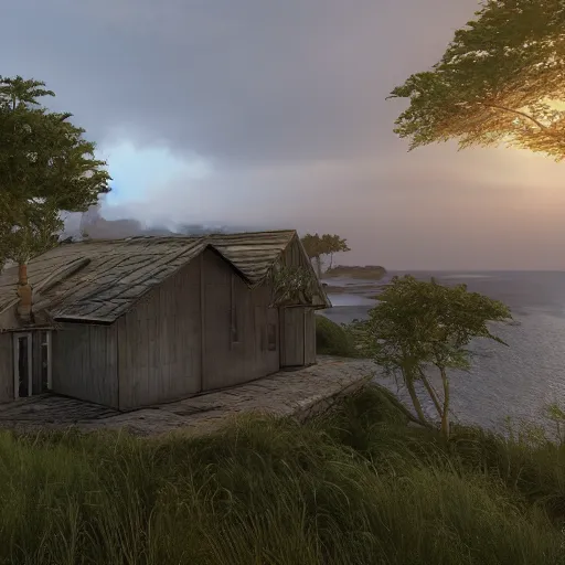 Prompt: house on the island, unreal engine, high detail, realism, award winning, detailed lighting