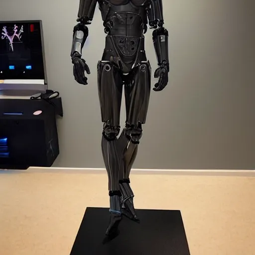 Image similar to “a realistic detailed photo of a guy who is an attractive humanoid who is half robot and half humanoid, who is a male android, twitch streamer Ninja Tyler Blevins, shiny skin, posing like a statue, blank stare, gaming room, close up”