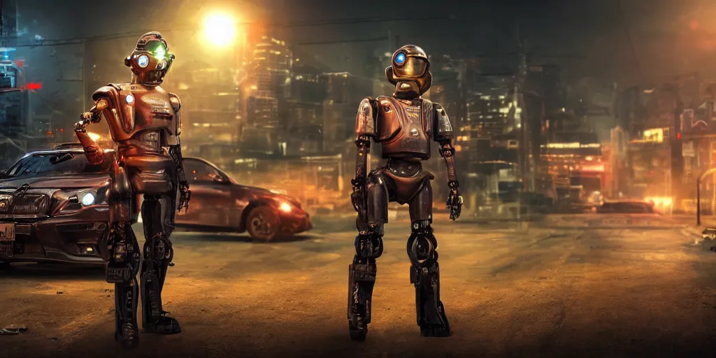 Prompt: a robotic chtulhu police officer next to a futuristic police car, rusty helmet, cyberpunk, fallout 5, studio lighting, deep colors, apocalyptic setting, city at night