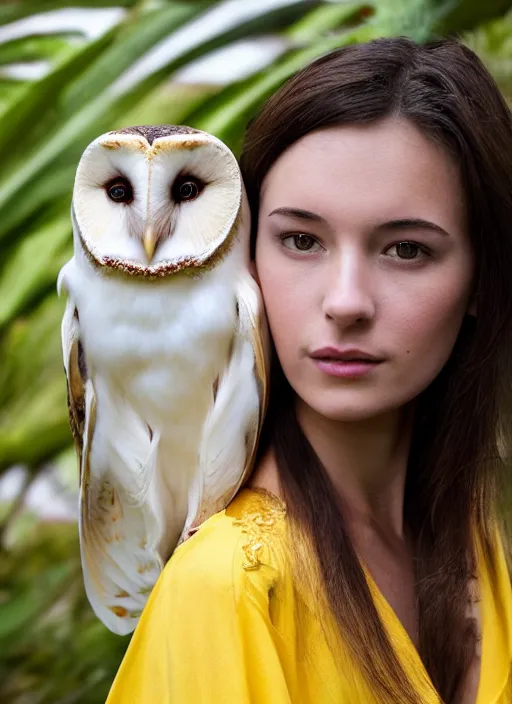 Prompt: portrait photograph of beautiful young female model, symmetric face, symmetric bright eyes, slight smile, natural light, wearing a yellow kimono with a very detailed barn owl on her shoulder!!! in a tropical greenhouse. looking at the camera!!. super resolution. Extremely detailed. Masterpiece!! .Graflex camera, bokeh.