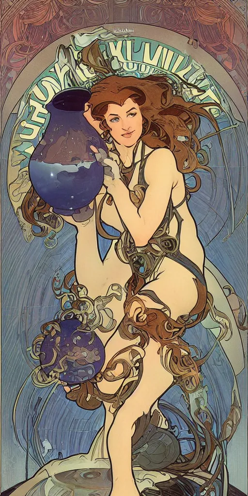 Image similar to a woman in a dress made of outer space pouring water from a vase into the milky way, by joe madura, by art adams, by alphonse mucha, battle chasers.