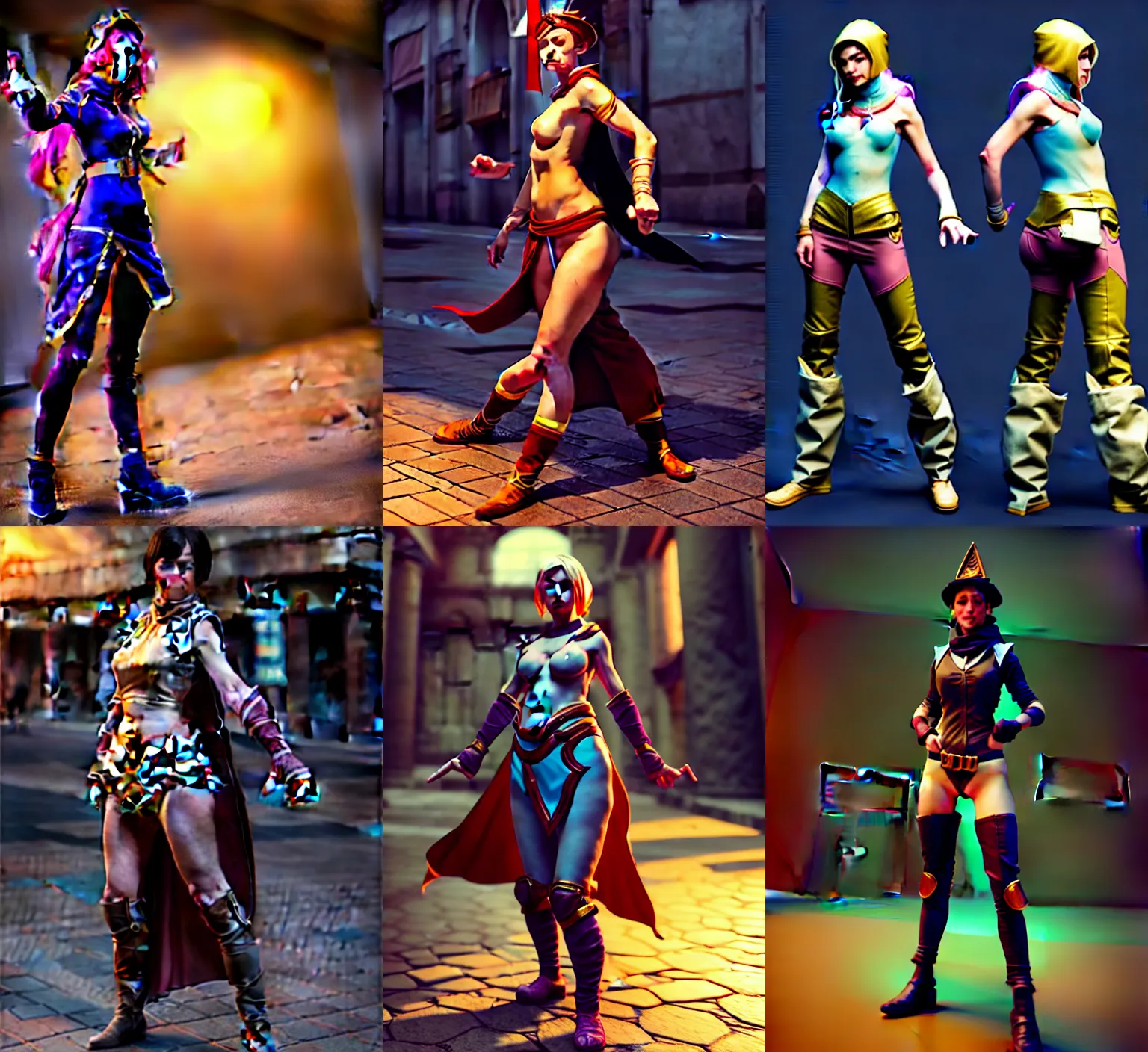 Image similar to action pose reference, procedurally generated, epic mage girl character, costume design from shopping mall, ancient city streets behind her, substance designer, PBR, HD, Ultra detailed, hyperrealistic, megascans, volumetric light, concept by master artist, good looking face, natural light, crazy angle