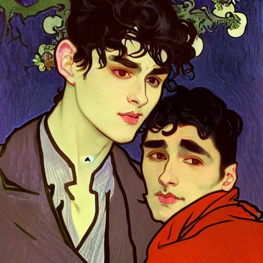 Image similar to painting of young cute handsome beautiful dark medium wavy hair man in his 2 0 s named shadow taehyung and cute handsome beautiful min - jun together at the halloween! party, bubbling cauldron!, candles!, smoke, autumn! colors, elegant, wearing suits!, delicate facial features, art by alphonse mucha, vincent van gogh, egon schiele