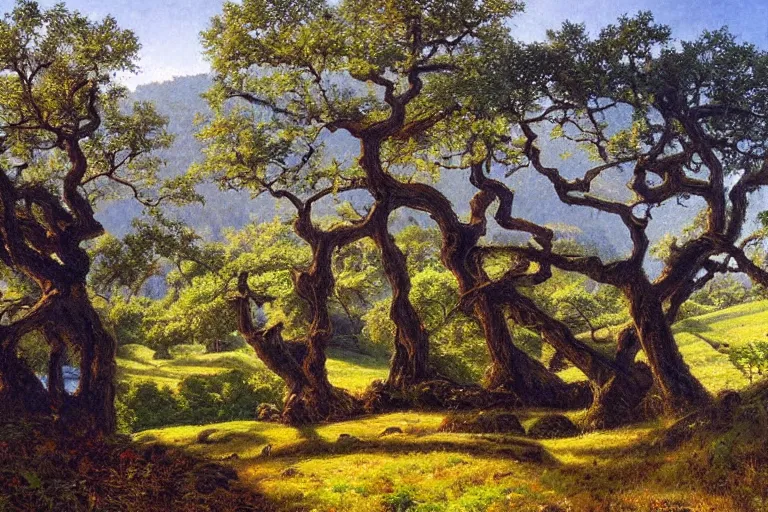 Prompt: masterpiece painting of oak trees on a hillside overlooking a creek, dramatic lighting, by james gurney