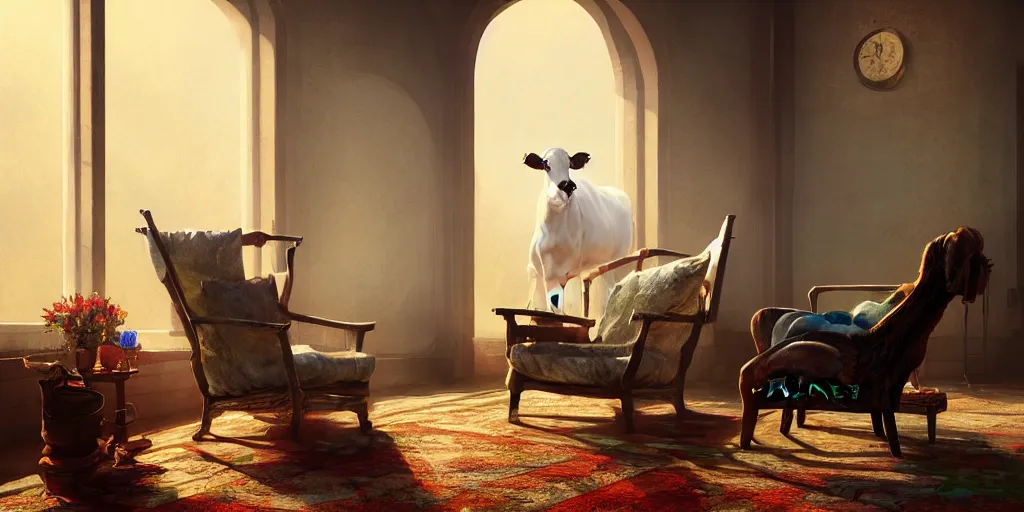 Prompt: a cow in a luxury chair reading the newspaper, vivid colors, beautiful interior, digital art, landscape, fantasy art, octane render, ureal engine, high detail, very realistic, by greg rutkowski. by james gurney