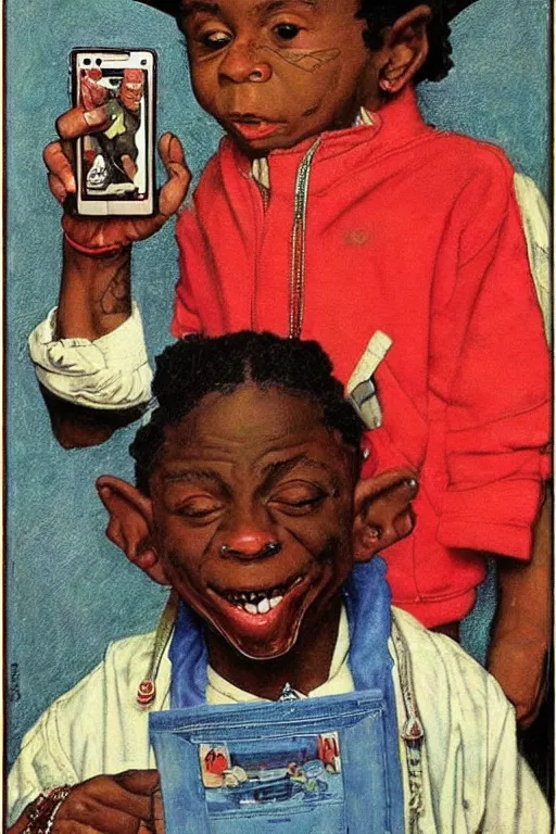 Image similar to lil wayne and his giant iphone painted by norman rockwell