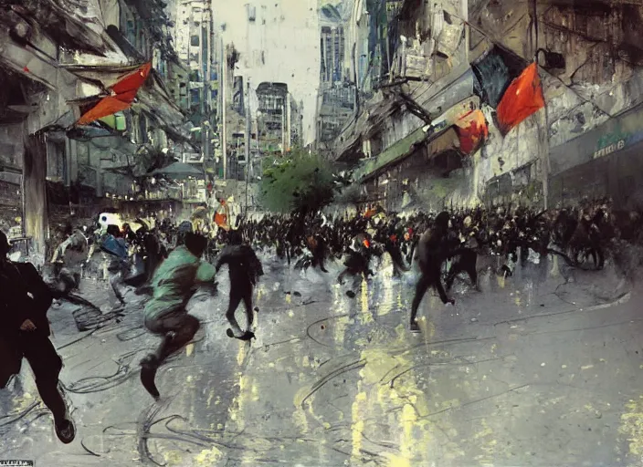 Image similar to a man running at full speed protesting in a dystopian alameda santiago de chile by john berkey and manet