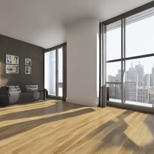 Prompt: a modern apartment with wood floors in a high-rise building downtown ultra-realistic 3D render architecture