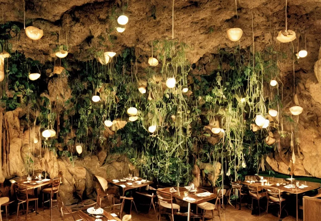 Image similar to 1970s interior design magazine photo of a restaurant built into a cave, with hanging plants and hanging lamps, and armchairs at tables, candlelit, grainy, the walls are made of rock