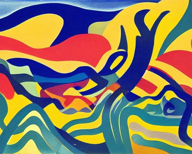 Image similar to A wild, insane, modernist landscape painting. Wild energy patterns rippling in all directions. Curves, organic, zig-zags. Saturated color. Mountains. Clouds. Rushing water. Wayne Thiebaud. Charles Burchfield. Ernst Kirchner.