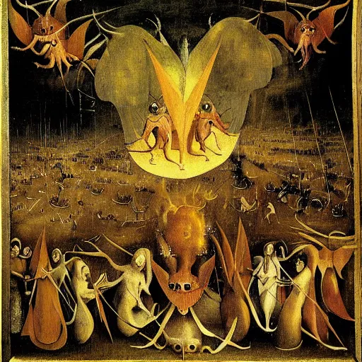 Prompt: vision of hell with winged demons flying over the flames art by hieronymus bosch