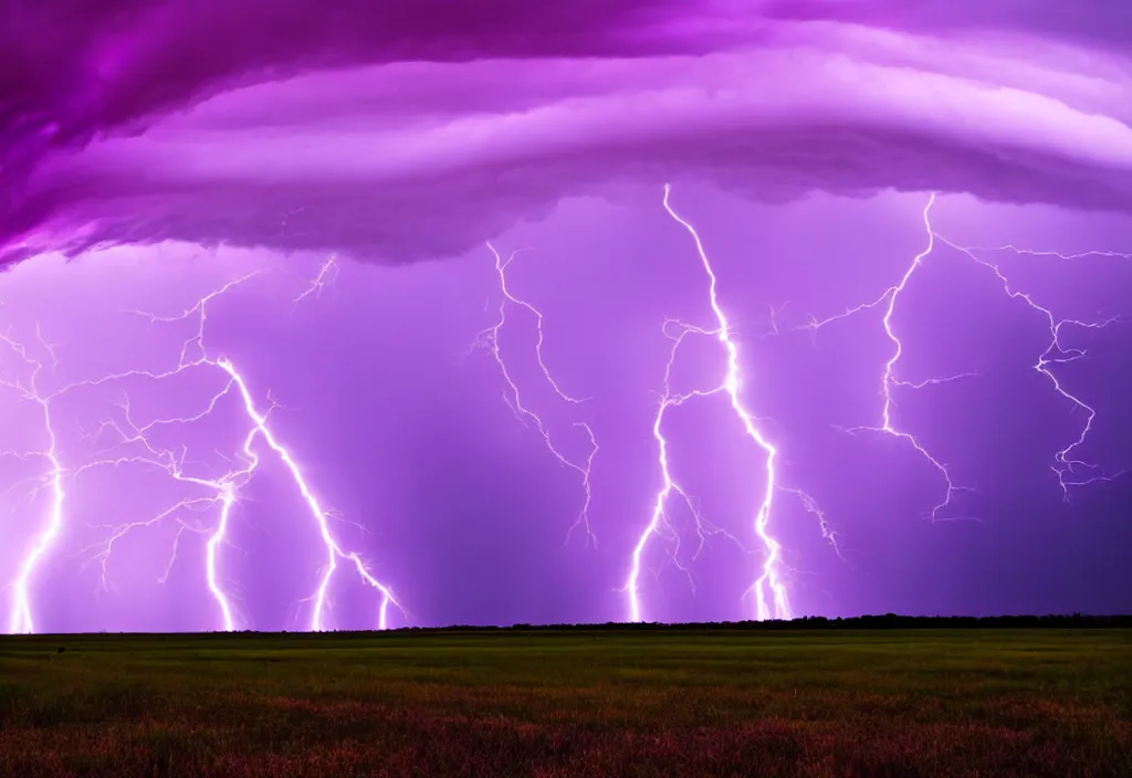 Image similar to purple color lighting storm with a tornado on the ground