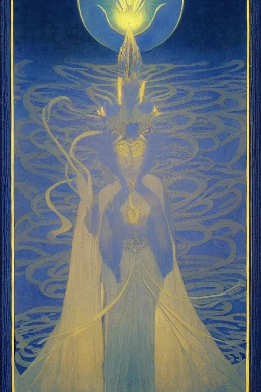 Prompt: queen of the night river, by Nicholas Roerich and jean delville and Maxfield Parrish, dramatic cinematic lighting , ornate headdress , lost civilizations, extremely detailed