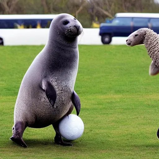 Image similar to seal tossing a ball with a sheep, award winning photo