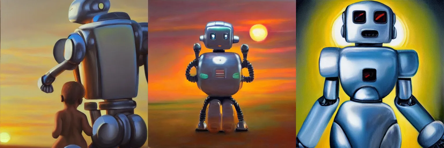 Prompt: hyperrealistic oil painting of robot holding baby ,sunset backlight