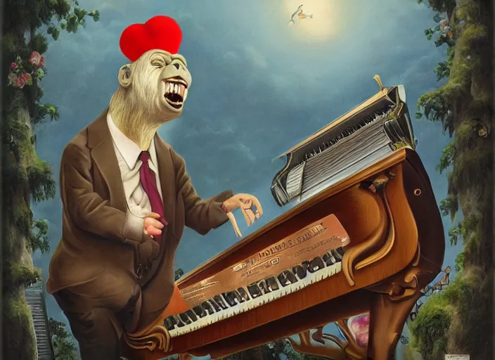 Image similar to 🦍🎹🎼, lowbrow in the style of camille rose garcia and mark ryden and salvador dali, 8 k, matte painting,