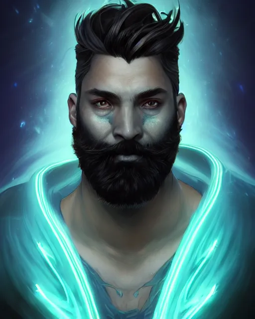 Image similar to epic fantasy comic book style portrait of a male bioluminescent man with a beard with glowing eyes, dark retrowave, highly detailed, digital painting, cinematic, hyperrealism, rpg portrait, dynamic lighting, art by stanley lau and artgerm and magali villeneuve and alphonse mucha, artstation, octane render, cgsociety