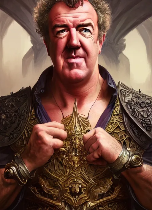 Image similar to portrait of jeremy clarkson, d & d, muscular, fantasy, intricate, elegant, highly detailed, digital painting, artstation, concept art, smooth, sharp focus, illustration, art by artgerm and greg rutkowski and alphonse mucha