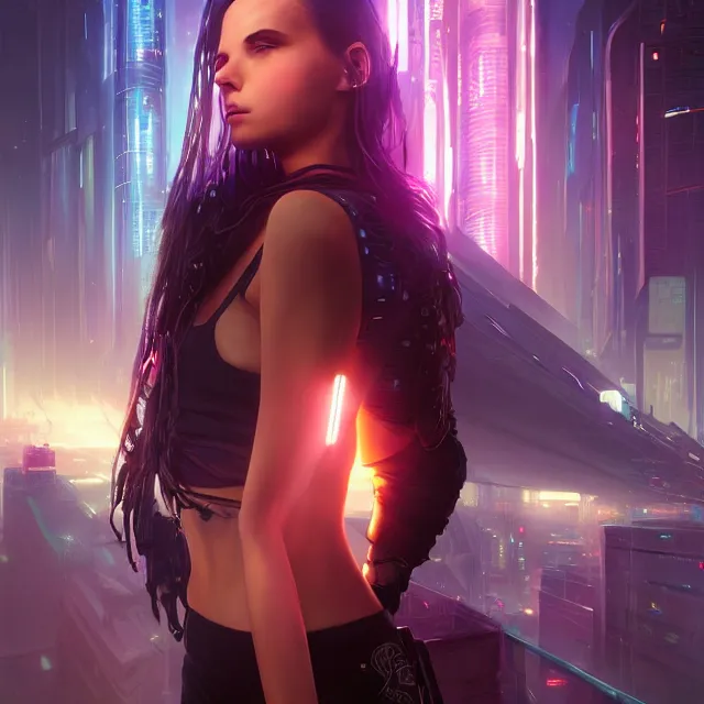 Prompt: portrait of beautiful cyberpunk girl, city, volumetric lighting, ray tracing, futuristic, sharp focus, vibrant, vivid, symmetry, highly detailed, 4 k digital painting, detailed skin, liquid, magical, raytracing, bubbles, artistic, concept art by artgerm, greg rutkowski, alphonse mucha, unreal engine render,