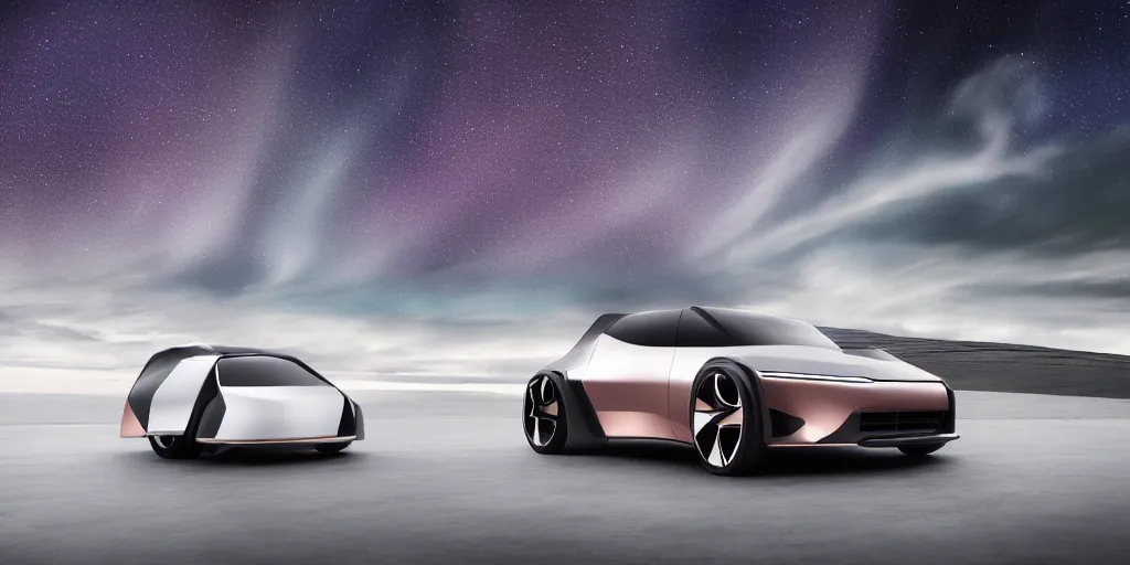 Image similar to a design of a futuristic vehicle, designed by Polestar, northern lights background, brushed rose gold car paint, black windows, dark show room, dramatic lighting, hyper realistic render, depth of field