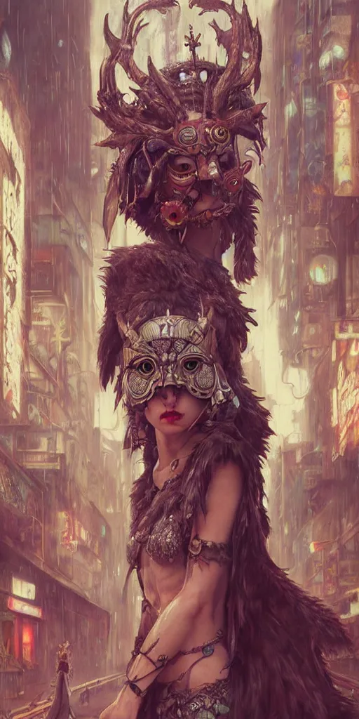 Image similar to hyper realistic Princess Mononoke, ornate mask, wet market street, cyberpunk metropolis, city landscape, jewels, full body pose, wolves, style of tom bagshaw, mucha, james gurney, norman rockwell, denoised, sharp