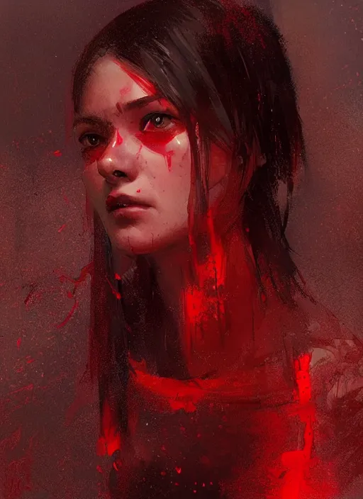Image similar to female geshia girl, beautiful face, rule of thirds, intricate outfit, spotlight, concept art, red tones, digital painting, by greg rutkowski, by jeremy mann,