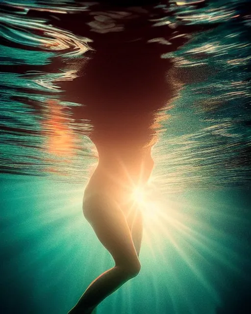 Image similar to photo portrait of woman underwater during sunrise, sunrays, wearing flowing fabric!!, caustics, rippling water, photoshoot, flowing hair, haunting, iconic, fine-art, masterpiece, trending on artstation