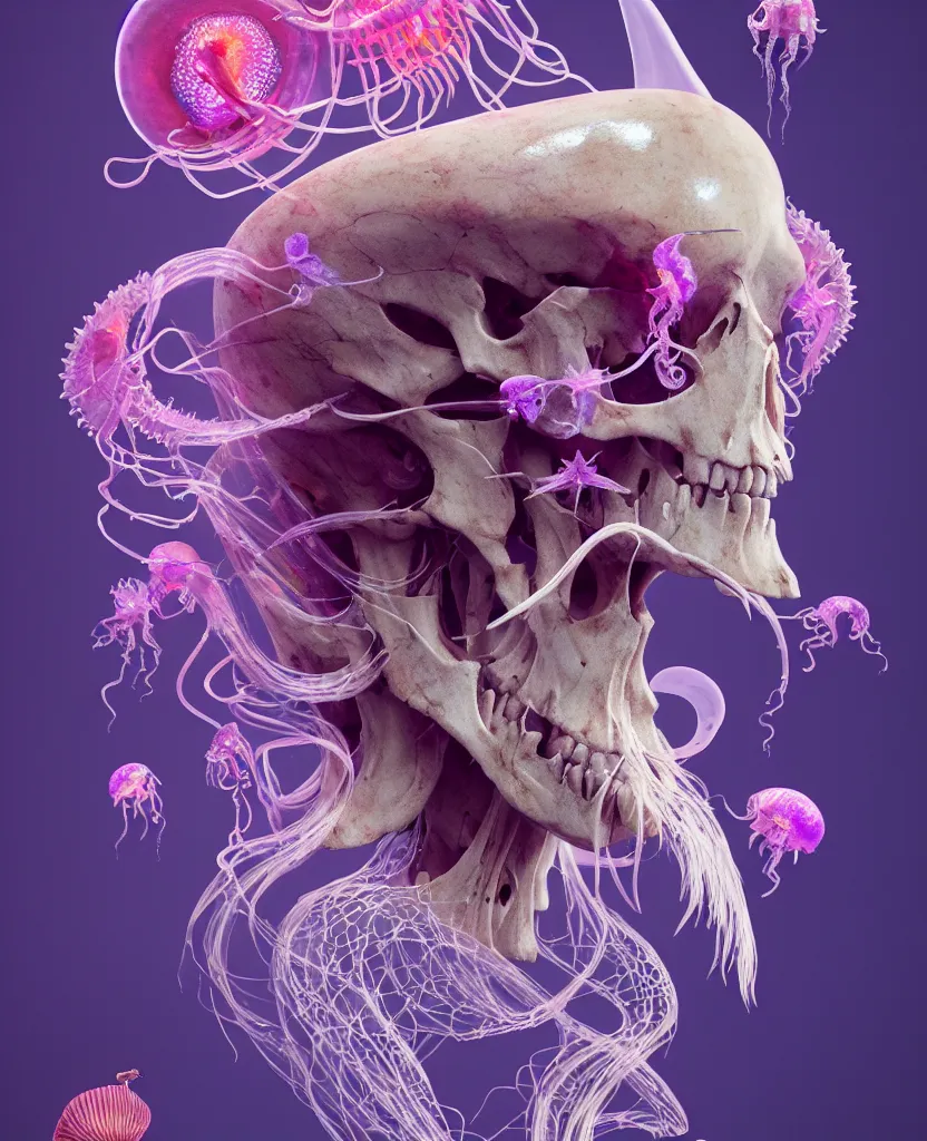 Image similar to goddess close-up portrait ram skull, thorax, x-ray, backbone, jellyfish phoenix head, nautilus, orchid, skull, betta fish, bioluminiscent creatures, intricate artwork by Tooth Wu and wlop and beeple. octane render, trending on artstation, greg rutkowski very coherent symmetrical artwork. cinematic, hyper realism, high detail, octane render, 8k