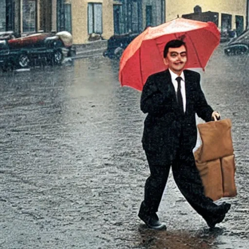 Prompt: mr. bean walks down a street on a rainy day