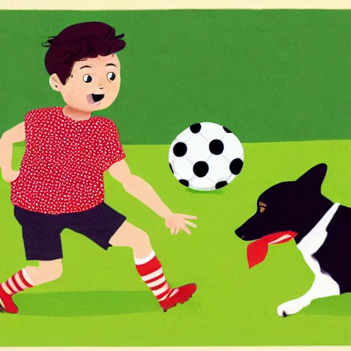 Image similar to illustration of french boy in paris playing football against a corgi, the dog is wearing a polka dot scarf