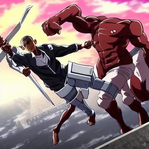 Prompt: Barrack Obama fighting the titans in attack on titan japanese anime, he uses 3d movement gear to fly through the air and slash a titan with his swords, epic, highly detailed anime fight, screenshot from new episode,