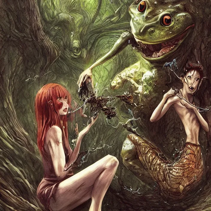 Image similar to Carnivore godlike fairy eating a frog alive, Junji Ito and Greg rutkowski