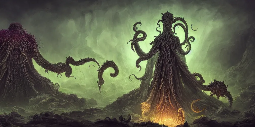 Image similar to portrait of necromancer priest in an invoking ritual in front of a giant cthulhu in a large landscape, intricate, elegant, glowing lights, highly detailed, digital painting, concept art, smooth, sharp focus, illustration, wide - angle portrait, atmospheric lighting, rich deep colors masterpiece, fractal crystals