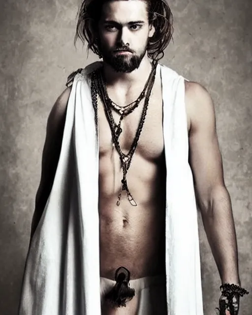 Prompt: man portrait and upper body, beautiful, robes, chains, dynamic pose, long hair, pinterest