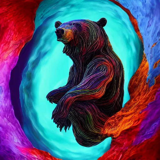 Prompt: an beautiful sculpture of Bear, delicately positioned and entwined in vibrant fluid hues, is being drawn and spaghettified into a blackhole, Fantasy, hyperrealism, 4k, volumetric lighting, three dimensions, spaghettification, a digitally transformed world, user interface design, 3D modeling, artstation, illustration, and transportation design. art by Andrew Chiampo, Frederik Heyman and Jonathan Zawada,